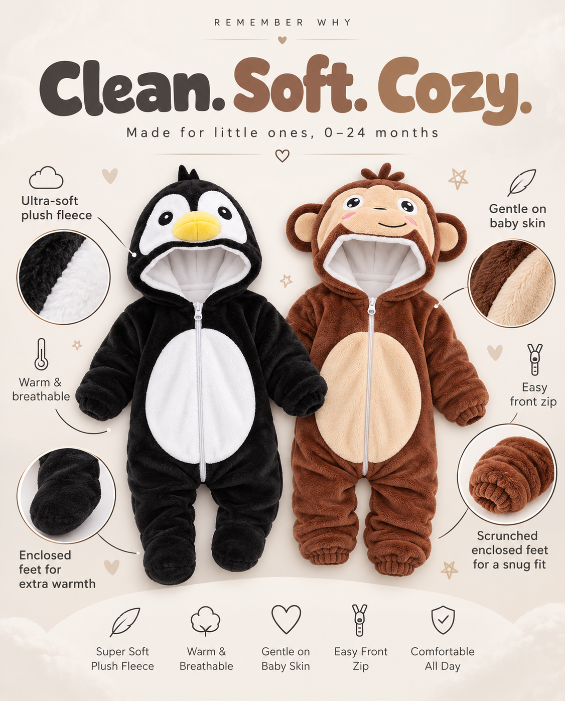 Penguin and monkey onesies with details of their plush fleece, front zips, enclosed feet and scrunched enclosed feet